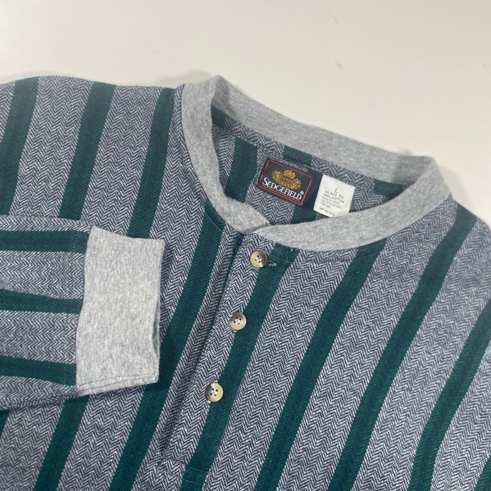 Sedgefield Mens Henley Shirt Large Green Grey Striped Herringbone Cotton